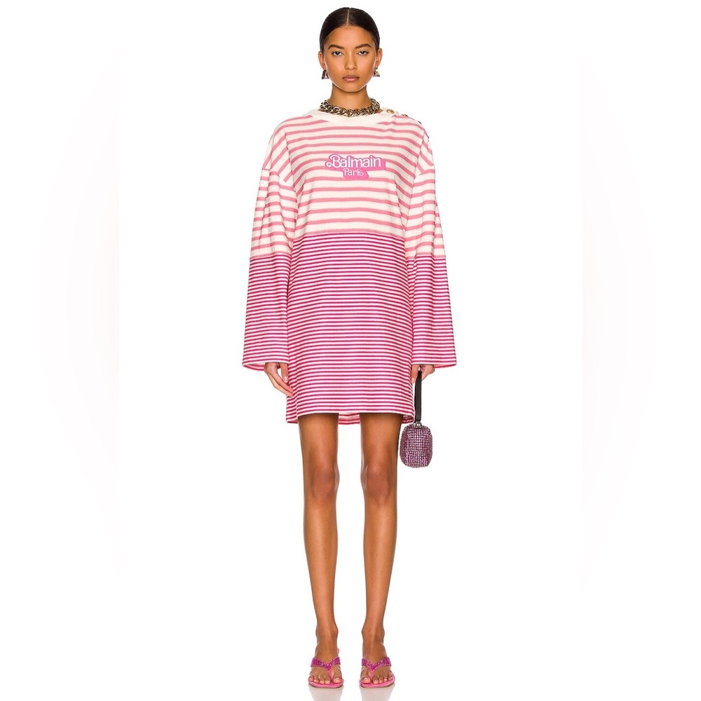 Balmain x Barbie Button-embellished appliquéd striped jersey dress